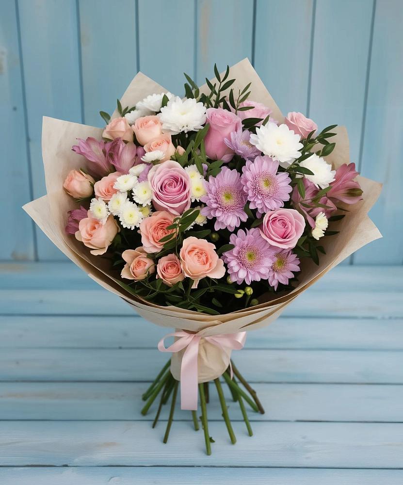 Букет цветов из: Хризантемы, Розы и Альстромерии в Мурино