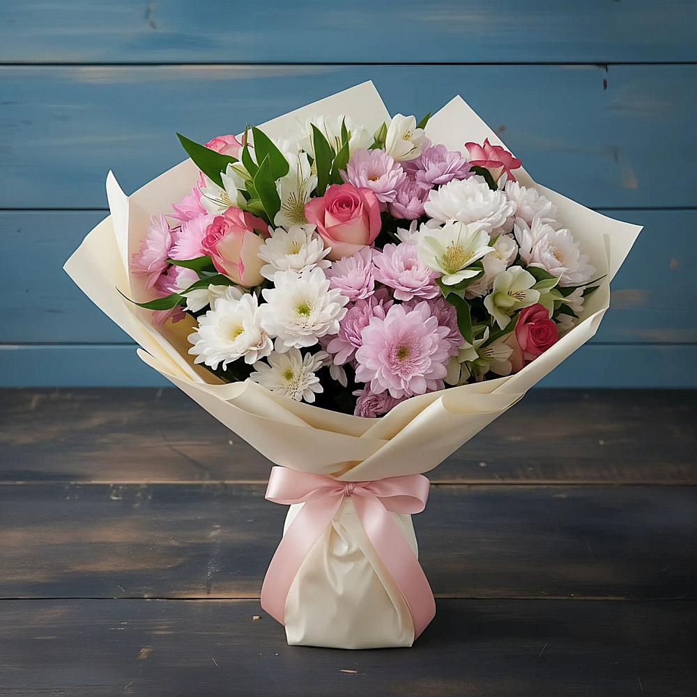 Букет цветов из: Хризантемы, Альстромерии и Розы в Мурино